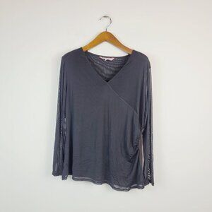 Willow Drive Womens XL Black Mesh Sleeve Wrap V Neck Top Notag AE67